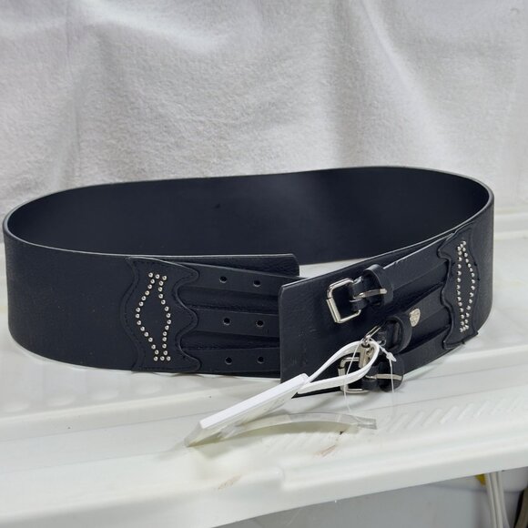 JESSICA SIMPSON Wide Black Faux Leather Belt Triple Buckle Studded Details Women - Picture 7 of 12